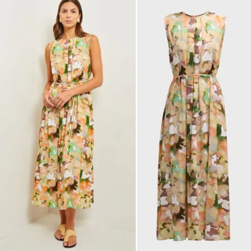 NWT Misook Pleated Watercolor Floral Sleeveless Midi Dress Large